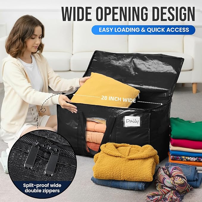 TAILI Extra Large Moving Bags, 4 Pack Black Heavy Duty Totes For Storage with Visible Window, Wrap Around Handles, Storage Bags for Space Saving, Alternative to Moving Boxes