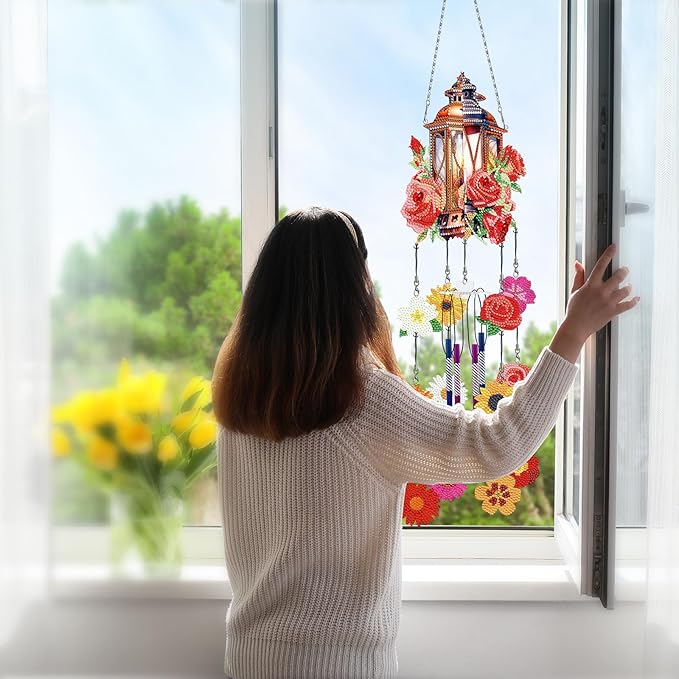 Flowers Diamond Art Wind Chime Suncatcher DIY Kits 5D Diamond Art Painting Wind Chimes Hanging Ornament Set Double Sided Special Shaped Crystal by Number Stitch Pendant for Yard Garden Outdoor Decor