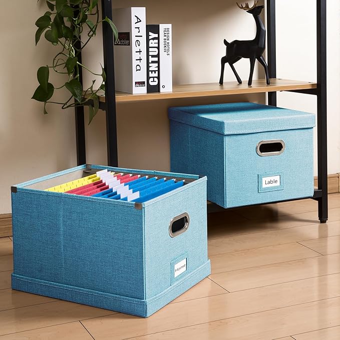 PRANDOM File Organizer Box - Set of 4 Collapsible Decorative Linen Filing Storage Hanging File Folders with Lids Office Cabinet Letter/Legal Size Blue 17.1x14x11.1 inch