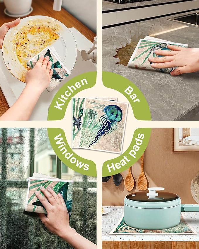 Miss Adola 8 Pack Reusable Kitchen Swedish Dishcloths for Washing Dishes Absorbent Fast Drying Cleaning Sponge Cloths Cute Design Decorate Washable Swedish Towels, Blue Sea
