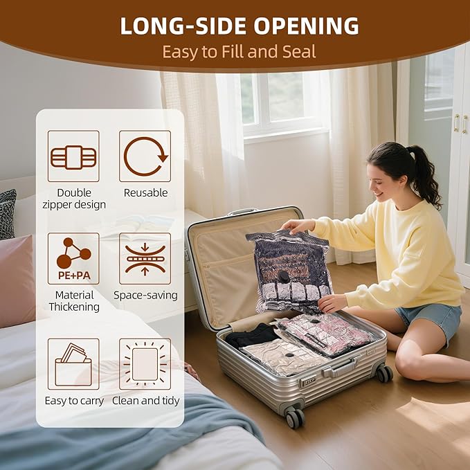Travel Vacuum Bags with Rechargeable USB Pump, 6 Pack Carry-On Size Vacuum Travel Bags for Luggage & Suitcase, Vacuum Bags for Travel, Space Saver Compression Bags for Clothes & Clothing