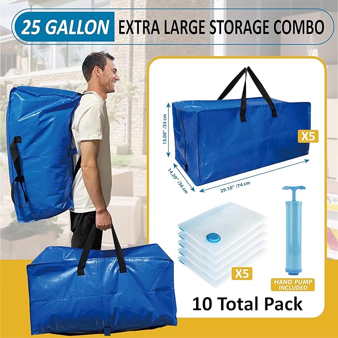 10 Pack Heavy Duty Extra Large Moving Bags with Backpack Straps & Vacuum Storage Bags, Moving Totes with Handles for Space Saving, Christmas Storage Bags for Wreaths, Garlands, Decoration & Ornaments