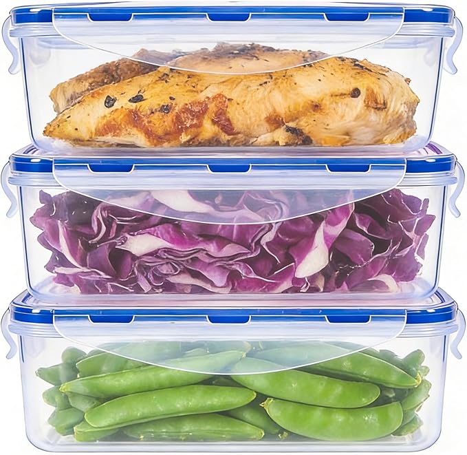 KIGI Food Storage Containers, 4 Sided Locking Lids, Airtight, Leak-Proof & Stackable, Ideal for Meal Prep, Lunch & Leftovers, Microwave & Dishwasher Safe, BPA-Free Plastic, 38 oz, 4.8 Cup, 6 Piece Set