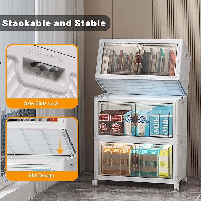 Stackable Storage Bins with Lids, 156QT Closet Organizers and Storage with Doors and Wheels, Extra Large Storage Cabinet, Collapsible Plastic Drawers for Bedroom Dorm Office Garage
