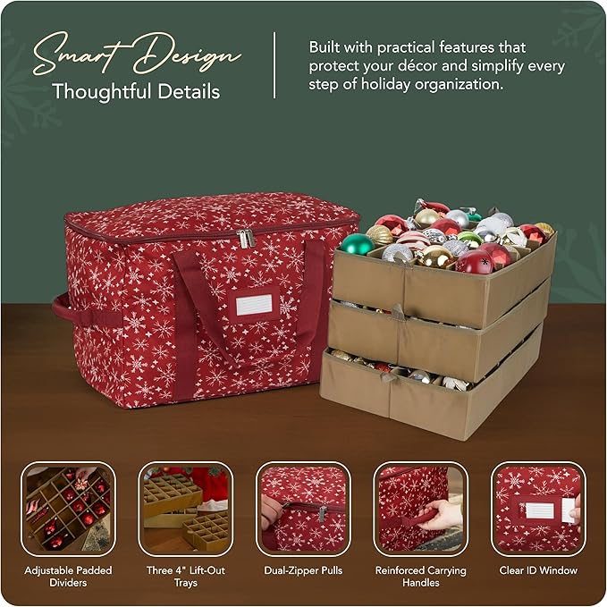 Covermates Keepsakes Adjustable Ornament Storage Bag – Heavy-Duty Polyester, Padded Dividers & FlexGrid Trays – Protective Holiday Ornament Organizer with Handles & Label Window, Red Snowflake