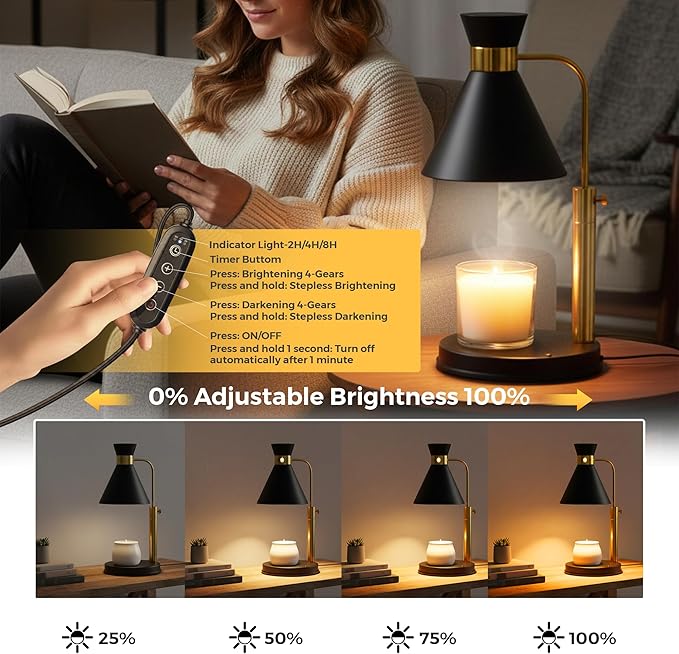 Candle Warmer Lamp with Timer & Dimmer, Adjustable Height and Brightness. Black & Gold Modern Wax Warmer for a Flameless, Cozy Home, an Elegant Birthday or Housewarming Gift for Women, Moms, and Men