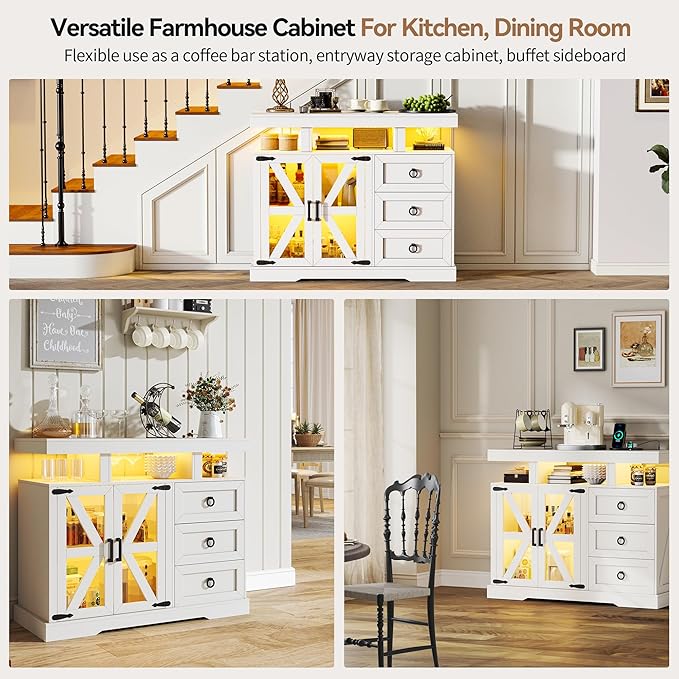 Lvifur LED Farmhouse Sideboard Buffet Cabinet with Storage, Wood Coffee Bar Station Table w/Charging Station, Large Kitchen Storage Cabinet w/Adjustable Shelf and 3 Drawers for Dining Room (White)