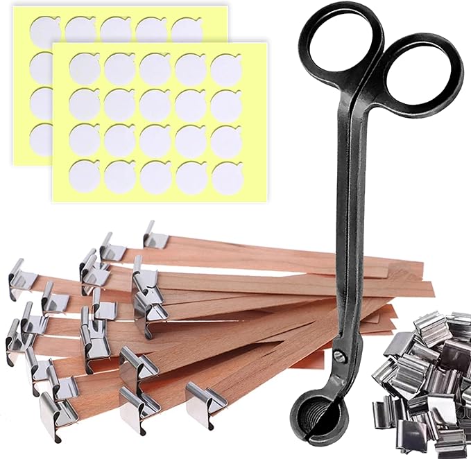 BELMAKS 151PCS Candle Making Set Wooden Wicks with Metal Base, Smokeless, Includes Wick Trimmer and Stickers