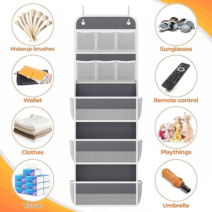 SpaceHacks 5-Tier Over The Door Organizer with Mesh Pockets, Baby Nursery Storage for Closet, Bathroom and Bedroom, Adjustable Hanging Closet Organizer for Cosmetics, Books and Essentials (Dark Grey)
