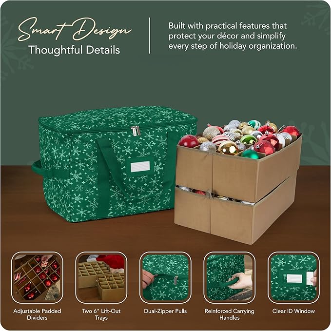 Covermates Keepsakes Adjustable Ornament Storage Bag – Heavy-Duty Polyester, Padded Dividers & FlexGrid Trays – Protective Holiday Ornament Organizer with Handles & Label Window, Green Snowflake