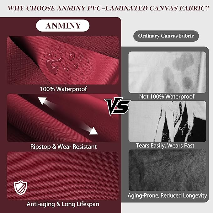 ANMINY 100% Waterproof Outdoor Fabric 8 Yards, 58" W 600D Marine Canvas Fabric with PVC Backing, Ripstop Upholstery Material by The Yard for Furniture Boat Covers Tent Awning, Wine Red
