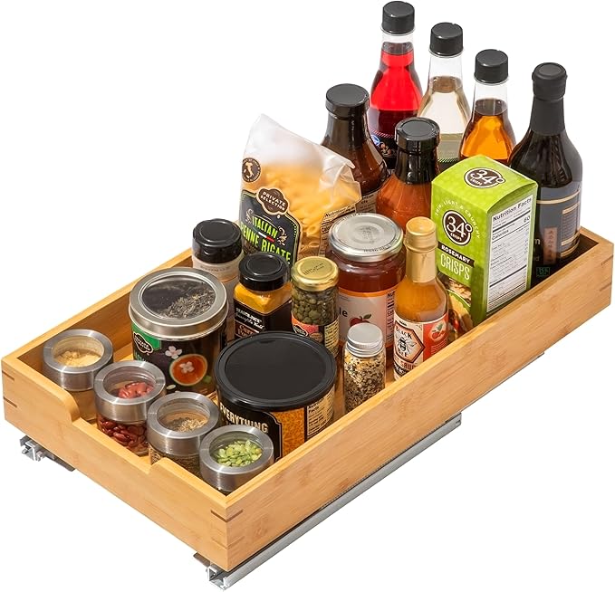 HOLDN’ STORAGE Bamboo Wooden Pull out Cabinet Organizer 11"W x 21"D Requires At Least a 12.25"W x 21"D Cabinet Opening W/Lifetime Limited Warranty, Bamboo Tray and Heavy Gauge Metal Rails