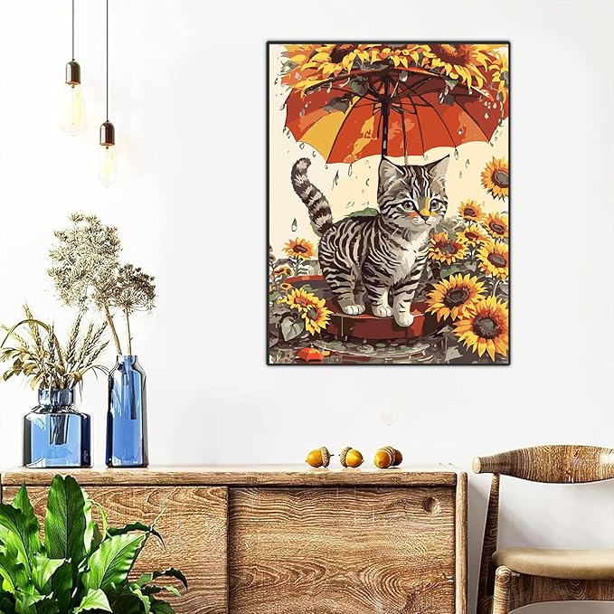 Meothan Framed Paint by Numbers Kits for Adults, Cat Paint by Numbers for Adults Beginners, Sunflower Paint by Numbers Kits on Canvas with Framed for Home Wall Decor 12x16inch (with Easel)