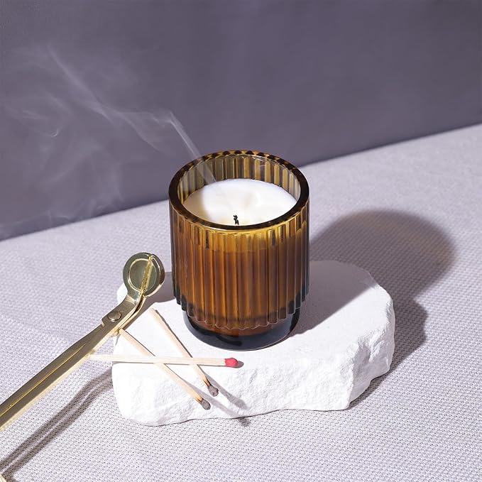 DEVI 7oz Empty Amber Ribbed Glass Candle Jars for Making Candles Set of 8, Glass Candle Jars with Bamboo Lids, Bulk Empty Candle Containers, Candle Tins Making Supplies for Gifts, Home Shelf Decor