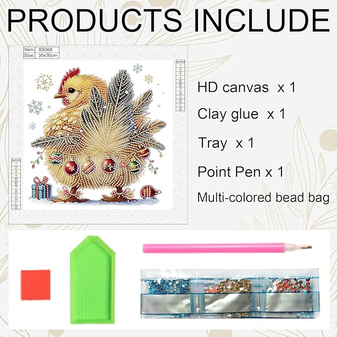 antor Christmas Diamond Painting Kit, 5D Special Shape Diamond Art for Adults, Decorated Rooster in Snow Crystal Rhinestones Diamond Painting Canvas, Holiday Christmas Home Wall Decor Crafts Gift
