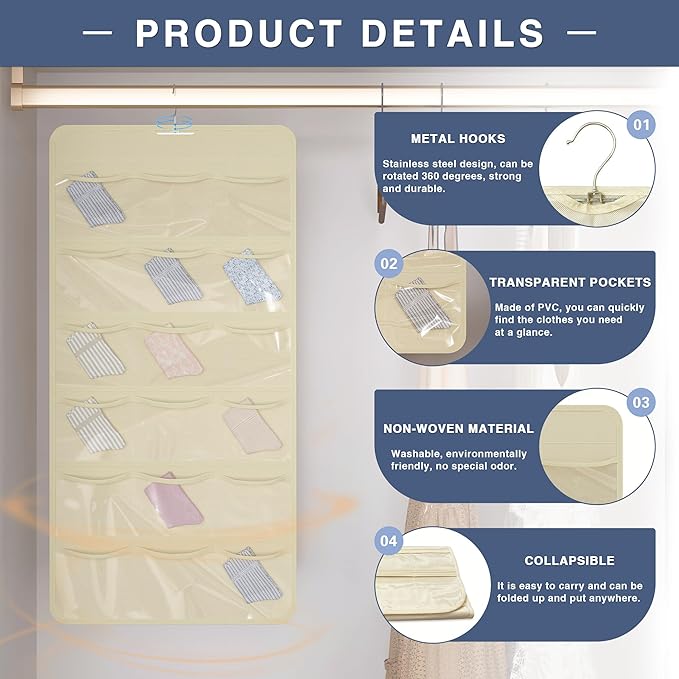 Hanging Closet Underwear Organizer, 28-Pockets Dual-Sided Storage for Socks, Bras, and Leggings Lingerie and Kids’ Clothing, Beige