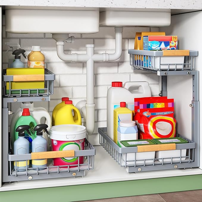 Kitstorack Under Sink Organizer, 2 Tier Under the Sink Storage, Slide out Pull out Cabinet Organizer Shelf, Metal Sliding Drawer for Kitchen Bathroom Pantry Closet Organization Rack, Grey, 2 Pack