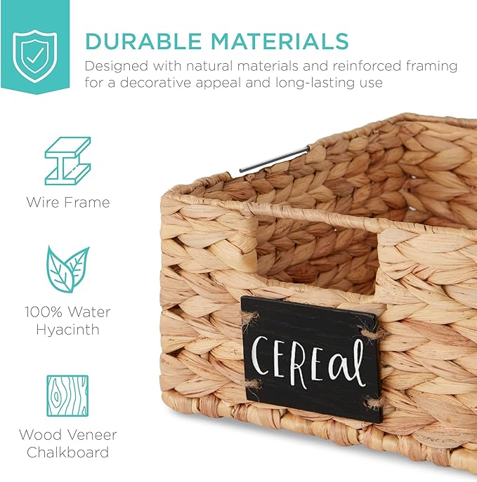 Best Choice Products Set of 4 9x12in Water Hyacinth Pantry Baskets, Woven Organizers w/Chalkboard Label, Chalk Marker - Natural