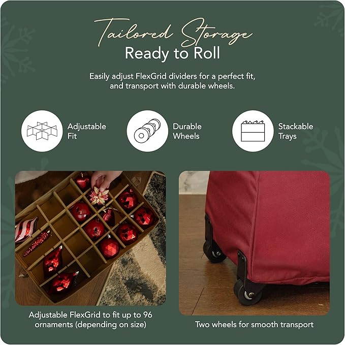 Covermates Keepsakes Rolling Adjustable Ornament Storage Bag – Heavy-Duty Polyester, FlexGrid Trays & Padded Dividers – Protective Holiday Organizer with Wheels, Handles & ID Window, Red