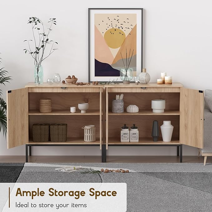 Sideboard Buffet Cabinet with 2 Natural Rattan Decorated Oval Doors, 31.5" W Accent Rattan Cabinet, Boho Credenza Storage Cabinet, for Living Room Dining Room Hallway, Metal Legs, Natural(2 PCS)