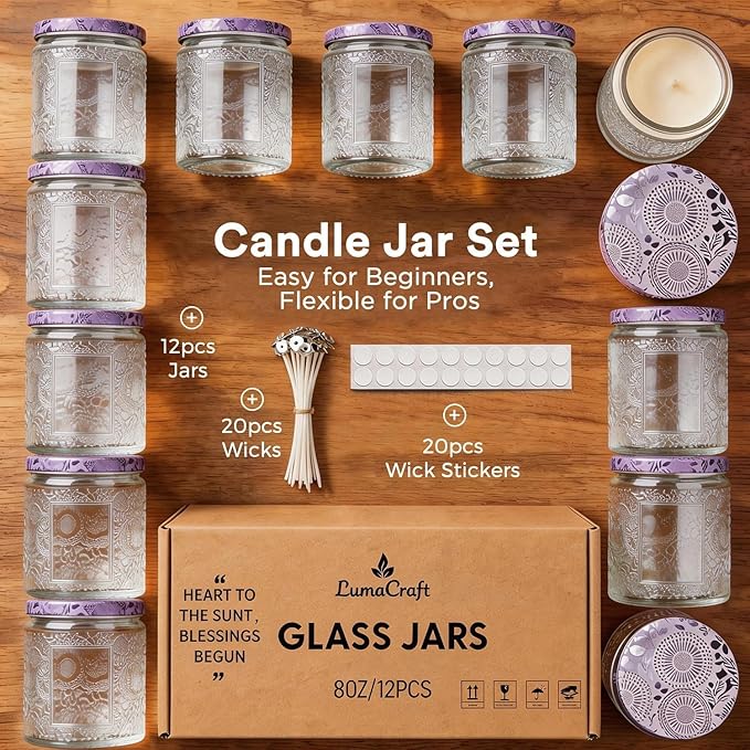 LumaCraft Luxury Embossed Glass Candle Jars for Making Candles - 12 Pack Empty Candle Containers with Airtight Metal Lids, 20 Wicks & 20 Stickers, Colored Glass Jars for Gifts & Decor-8OZ