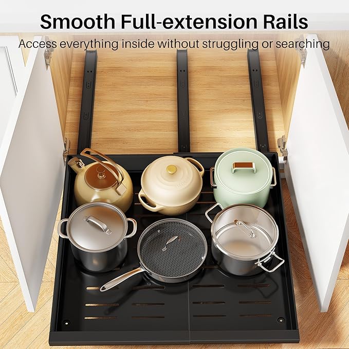 Pull out Cabinet Organizer, 2-Pack Expandable(13.6"-24") Silde out Drawers with Raising Pad for Framed Cabinets, Adjustable Full-Extension Adhesive Roll out Shelves for Kitchen Pantry Home Pot and Pan
