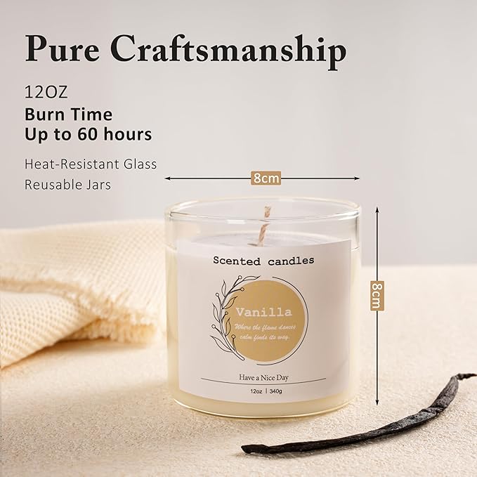 Vanilla Ice Cream Scented Candle – 100% Natural Soy Wax, Cotton Wick, Odor Eliminating, Sweet & Cool Aroma, 12oz, 60 Hour Burn, White – Ideal for Home Decor, Spa, Bath, Parties & Gifts