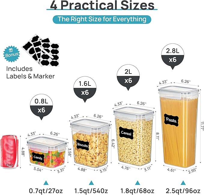 Vtopmart Airtight Food Storage Containers with Lids, 24 pcs Plastic Kitchen and Pantry Organization Canisters for Cereal, Dry Food, Flour and Sugar, BPA Free, Includes 24 Labels，Gray