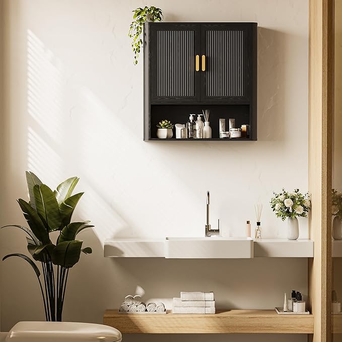 INNOD Bathroom Wall Cabinet, Wall-Mounted Medicine Cabinet with Adjustable Wood Shelf & Doors, Floating Bathroom Cabinet Over Toilet for Laundry Room & Kitchen & Living Room (Black)