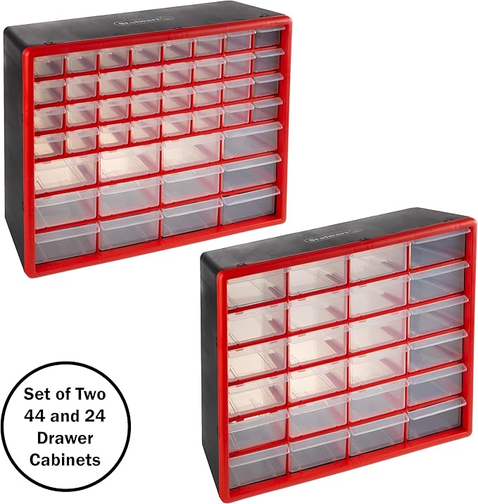 Set of Two Storage Bins with Drawers – Pair of 44 and 24 Drawer Desktop or Wall Mount Plastic Tool Organizers for Hardware or Crafts by Stalwart (Red)