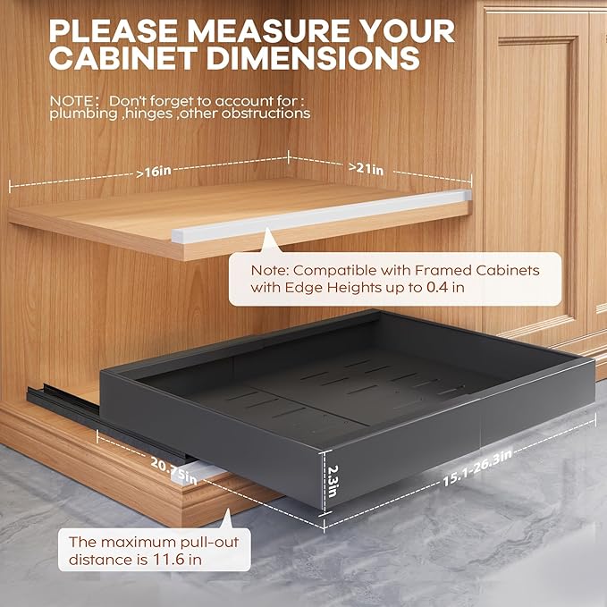 4 Pack Expandable (15.1"-26.3") Pull Out Cabinet Organizer 21" Deep With Raising Pad for Framed Cabinets,Upgrade 3 Slide Rails Slide Out Drawers,No Drill Roll Out Shelves Adhesive,Black