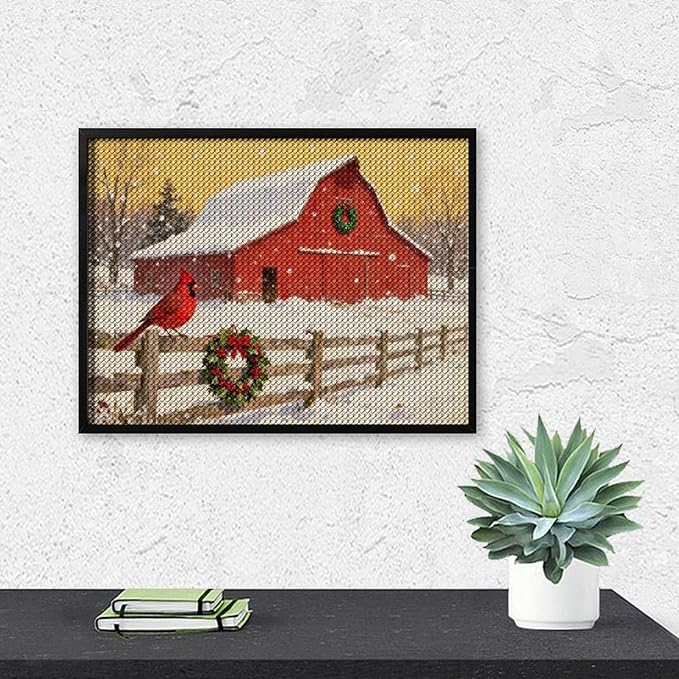 AIVKIEJK Diamond Painting Kits for Adults - Christmas Winter Cardinal, Red Barn Scene Painting DIY 5D Full Drill Diamond Dots Paintings with Diamonds Gem Art and Crafts Home Decor 12"x16"