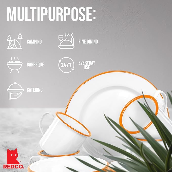 Red Co. 16-Piece Enamelware Metal Dinnerware Set for 4, Solid White/Orange Rim