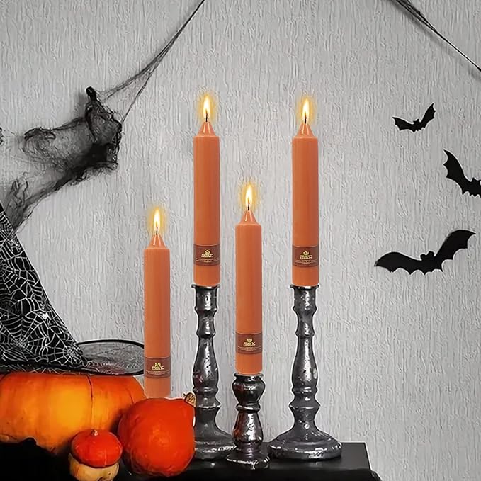 4 Pack Handmade Pumpkin Taper Candles Sticks Unscented 9 inch Tapered Candle Ideal as Dinner Smokeless Long Burning Candlesticks for Halloween Thanksgiving Dinner Autumn Wedding Home Decor Candles