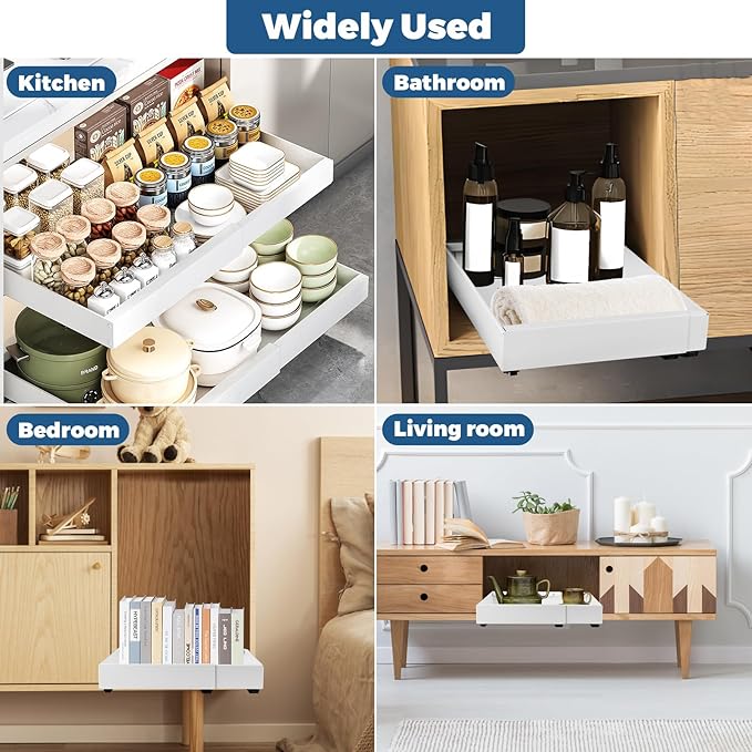 Pull-out Cabinet Organizer, ExpandableHeavy Duty Slide out Drawers Fixed with Adhesive Nano Film for Pots, Roll out Shelf Storage for Kitchen Base Cabinet Organization (white-2PCS)