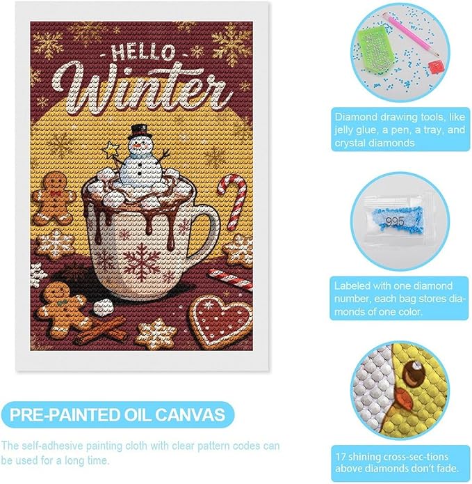 Diamond Painting Kits for Adults - Hello Winter Ice Cream & Gingerbread Snowflakes & Candles Painting DIY 5D Full Drill Diamond Dots Paintings with Diamonds Gem Art And Crafts Home Decor 8"x12"