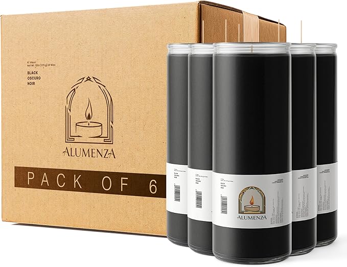 Bulk 6 Pack Black 7 Day Candles in Glass Jar – Parafin Wax, Clean Burning Unscented | Large & Tall Devotional Prayer Pillar Candles for Home, Memoria, Spells, Long Lasting