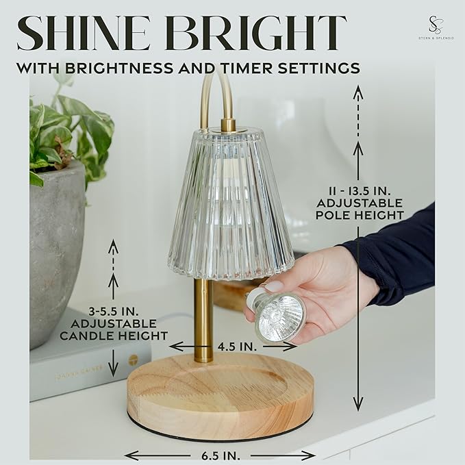 STERN & SPLENDID Adjustable Wood Candle Warmer Lamp for Jar Candles – Large Round Base, Dimmable Electric Candle Melter with Timer, Flameless Candle Heating Lamp with 4 Halogen Light Bulbs