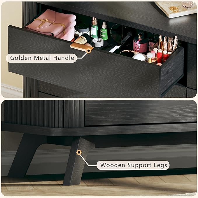HUAHUU Fluted 6 Drawers Dresser for Bedroom, 55" Mid Century Modern & Chests of Drawers, Curved Profile Design, TV Stand, Wood Storage Dresser for Entryway, Hallway, Black