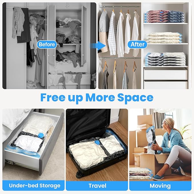6Pack Thickened Space Saver Vacuum Storage Bags Medium for Clothes with Hand Pump, Vacuum Sealed Bags for Clothing, Comforters and Blankets