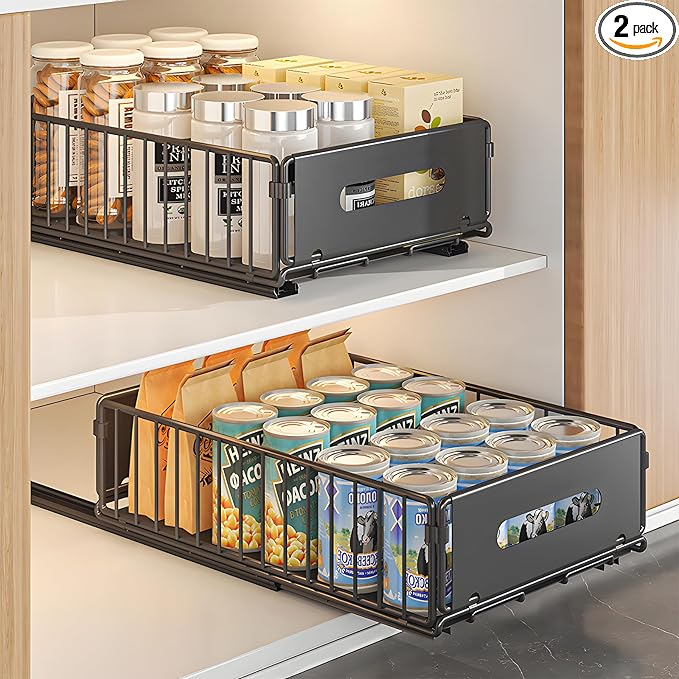 Pull Out Cabinet Organizer, 2 Pack Heavy Duty Slide Out Drawers Pantry Shelves Fixed With Strong Adhesive Glue and Handle for Kitchen, Living Room, Bathroom, Home (14.8" D X 9.6" W X 3.9" H)