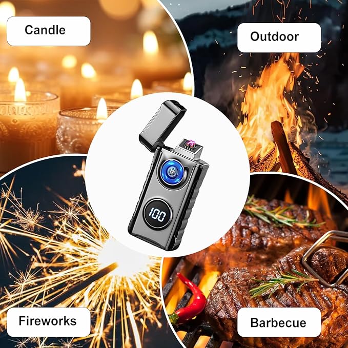 Electric Lighters Plasma Lighters Rechargeable with with LED LED Display and LED Emergency Lights Windproof USB Rechargeable Lighter Cool Lighte for Candle,Camping,Gift(Black)