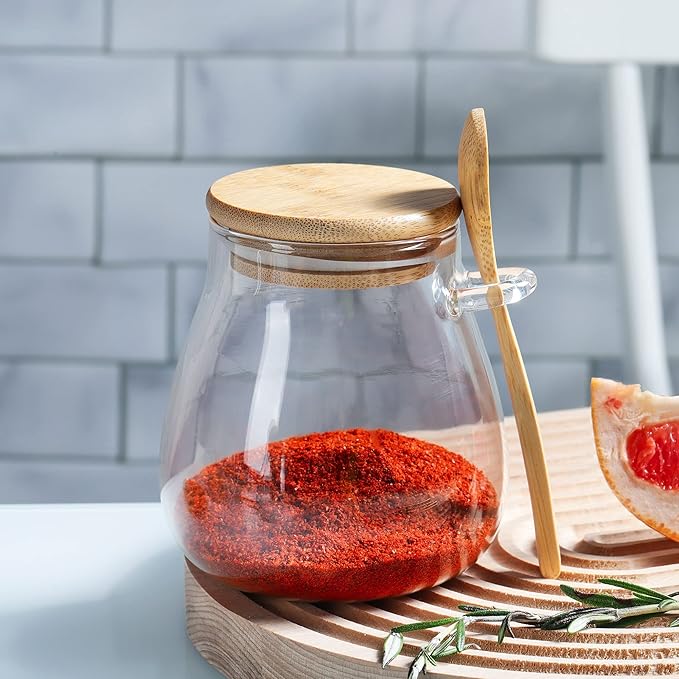Joeyan Glass Jar with Airtight Bamboo Lid and Spoon Attached, 12 oz Salt Sugar Spice Seasoning Container, Clear Condiment Pot, Glass Food Storage Canister for Kitchen Countertop Pantry, Set of 2