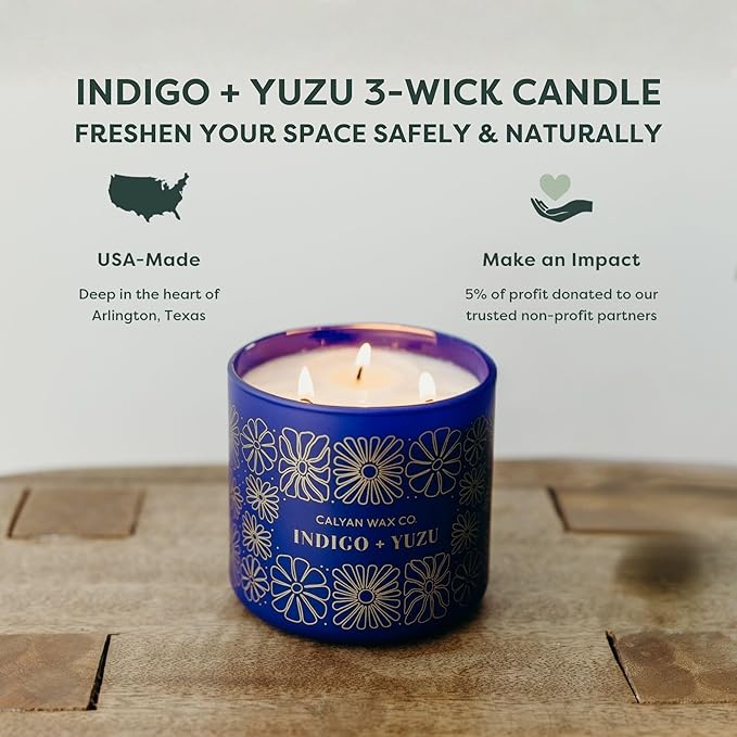 Calyan Wax Co. Indigo & Yuzu 3 Wick Scented Candle - 43 Hour Burn - Luxury 3 Wick Soy Candles - Non Toxic Soy Wax Candles - Long Lasting Large Glass Jar Candle for Home - 14.9oz
