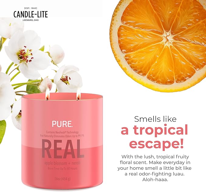 Candle-Lite Pure Apple Blossom & Neroli Odor Eliminating Scented Candles, Neofresh Technology Eliminates 99.9% of Odors, 16 oz 2-Wick Jar, Proudly Poured in The USA, Up to 60 Hours Burn Time