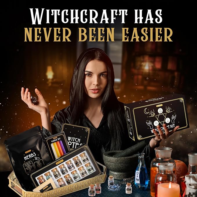 Wyspell Witchcraft Supplies Kit for Witch Altar 54PCS - Spell Candles for Witches - Crystals Spell Jars for Witches - Herbs for Spells - Beginner Witch Starter Box - Witchcraft Kit