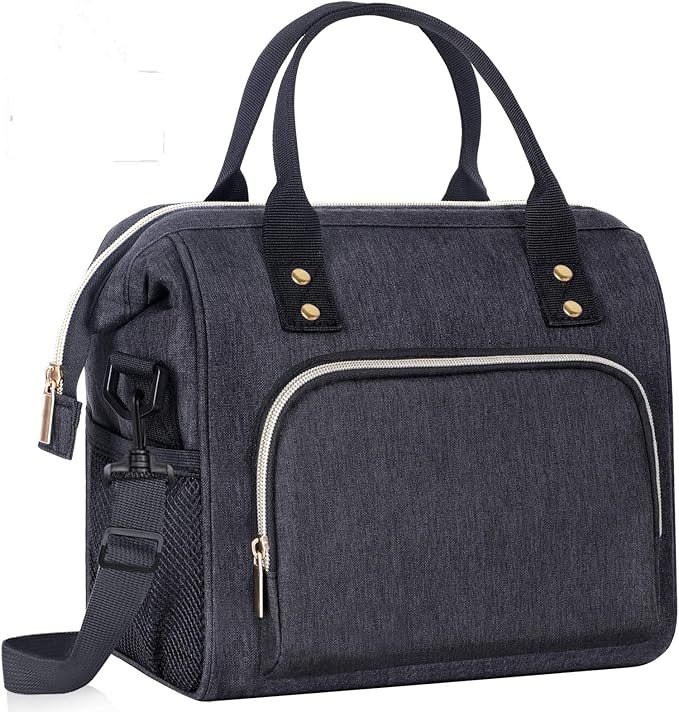 IDEATECH Insulated Lunch Box for Women & Men, Stylish Ladies Lunch Bag for Work, Leak Proof Portable Cooler Bag for Picnic, Black Lunch Tote Bags with Adjustable Shoulder Strap, Gifts for Mom (Black)