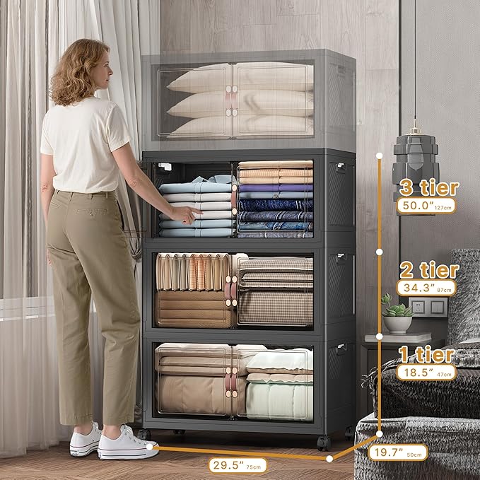 Extra Large Stackable Storage Bins with Lids & Wheels, Foldable Collapsible Closet Organizers Dark Storage Cabinet with Doors for Bedroom Dorm