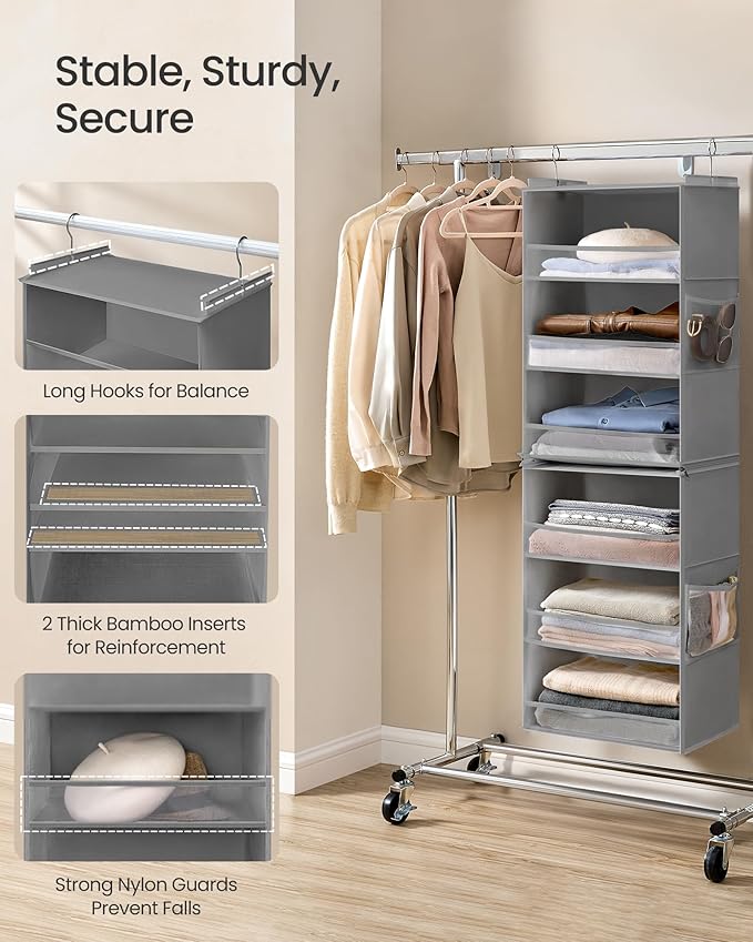 SONGMICS Set of 2 Hanging Closet Organizers, 6-Tier Fabric Storage Shelf, Separable Closet Hanging Shelf with Side Pockets, Foldable, Metal Hooks and Bamboo Inserts, Dove Gray URCH008G01