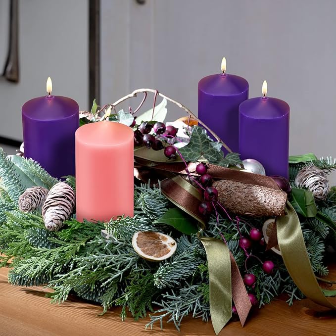 Amylove 4 Pcs 3 x 8 Inch Advent Pillar Candles Set Pink Purple Christmas Unscented Lasting Burning Church Candles for Advent Wreath Holiday Gifting